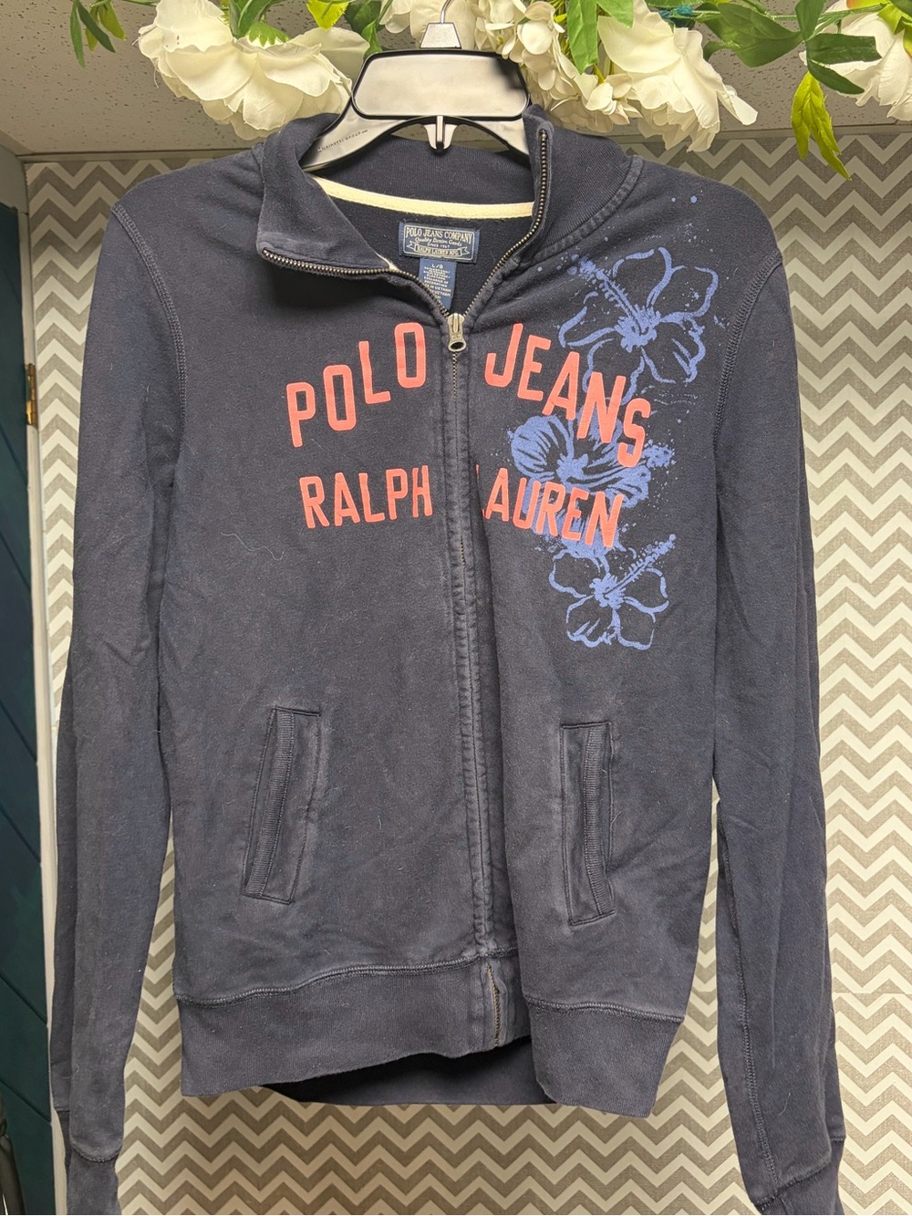 Polo Jeans Ralph Lauren Navy Zip-Up Sweatshirt with Coral Logo